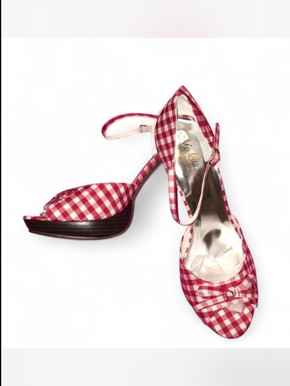 Red Gingham Peep-Toe Ankle-Strap Heels with Bow Detail